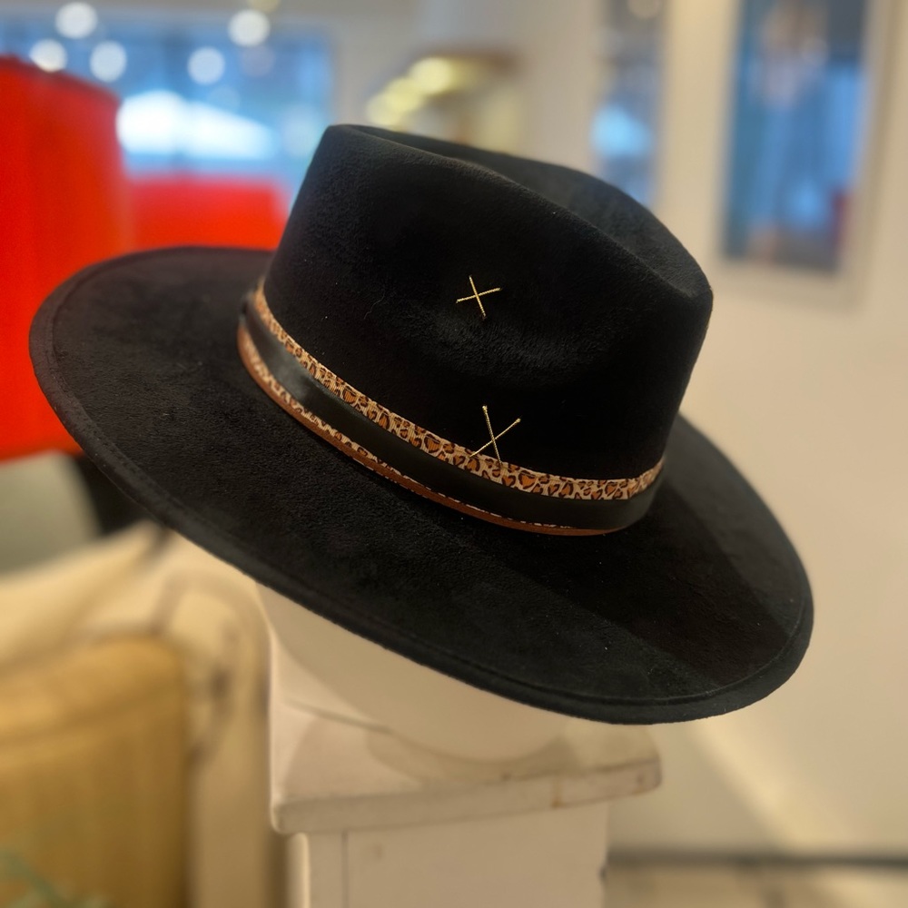 Atousa G Black Western Hat w/ rose gold flower and feather